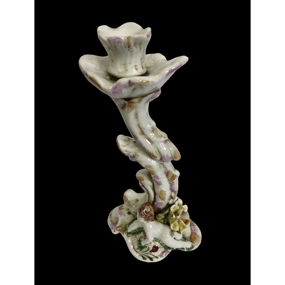 Capodimonte Style Porcelain Candlestick Portugal Angel Roses - Picture 10 of 12